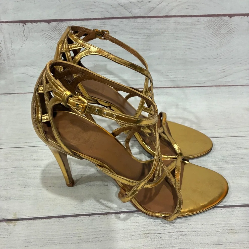Tory Burch Amalie Strappy Cage Womens 7.5 Gold Metallic Stiletto Heels Buckle